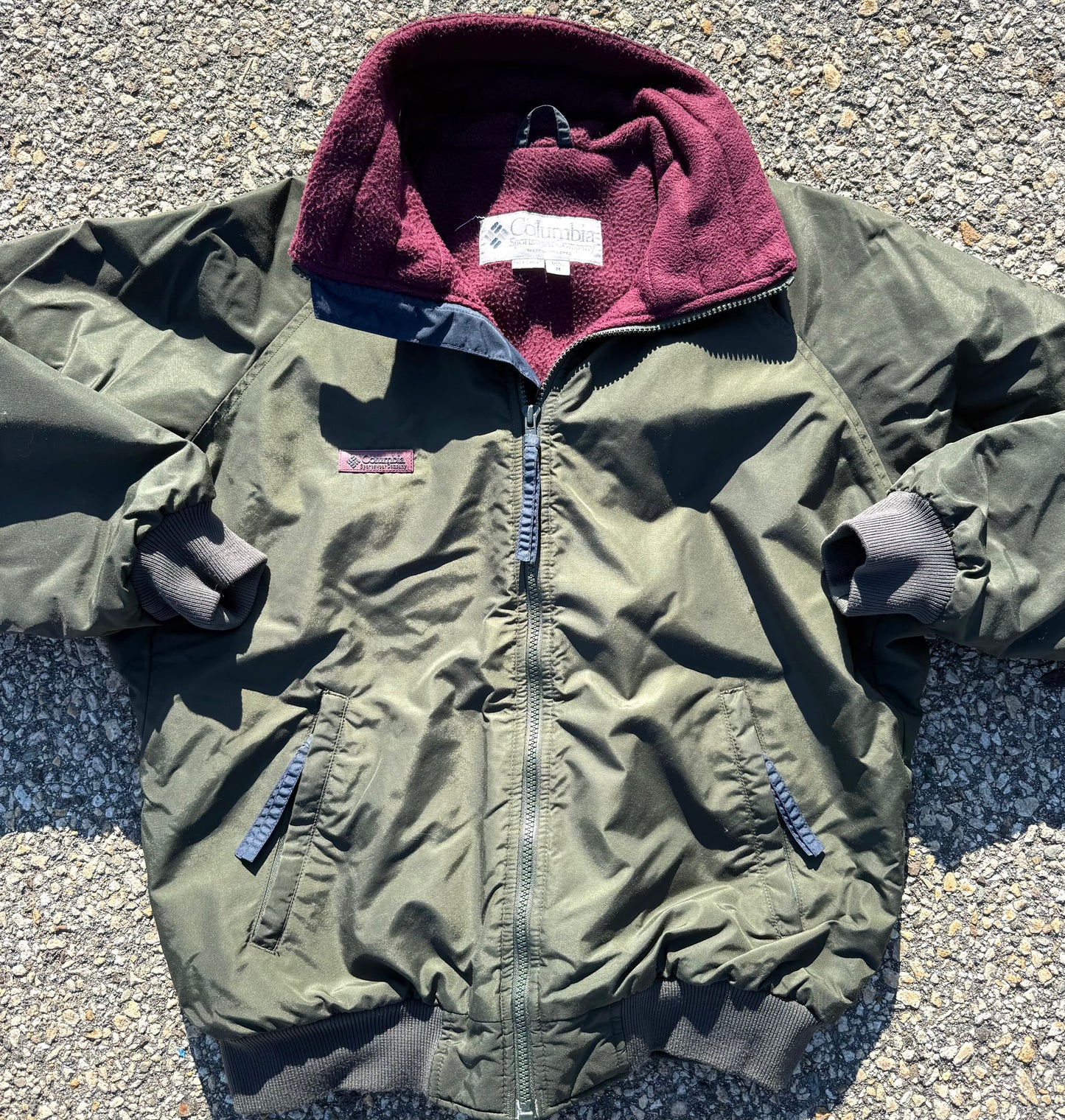 Vintage 90's Columbia Fleece Lined Mens Bomber Jacket Size M Medium Army Green with Maroon