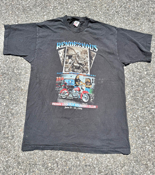Vintage Harley Davidson Rendezvous Motorcycle 90's Biker Single Stitch T Shirt Size XL Black Pattersonville New York