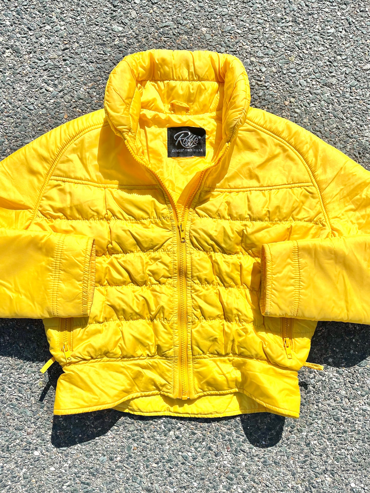 Vintage Roffe Cropped 80's Retro Down Ski Jacket Women's Size Medium Bright Yellow