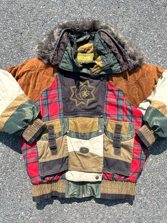 Vintage Gallery Native American Wool Plaid  and Leather Crazy Patchwork Duck Down Filled Puffer Jacket Size S Small