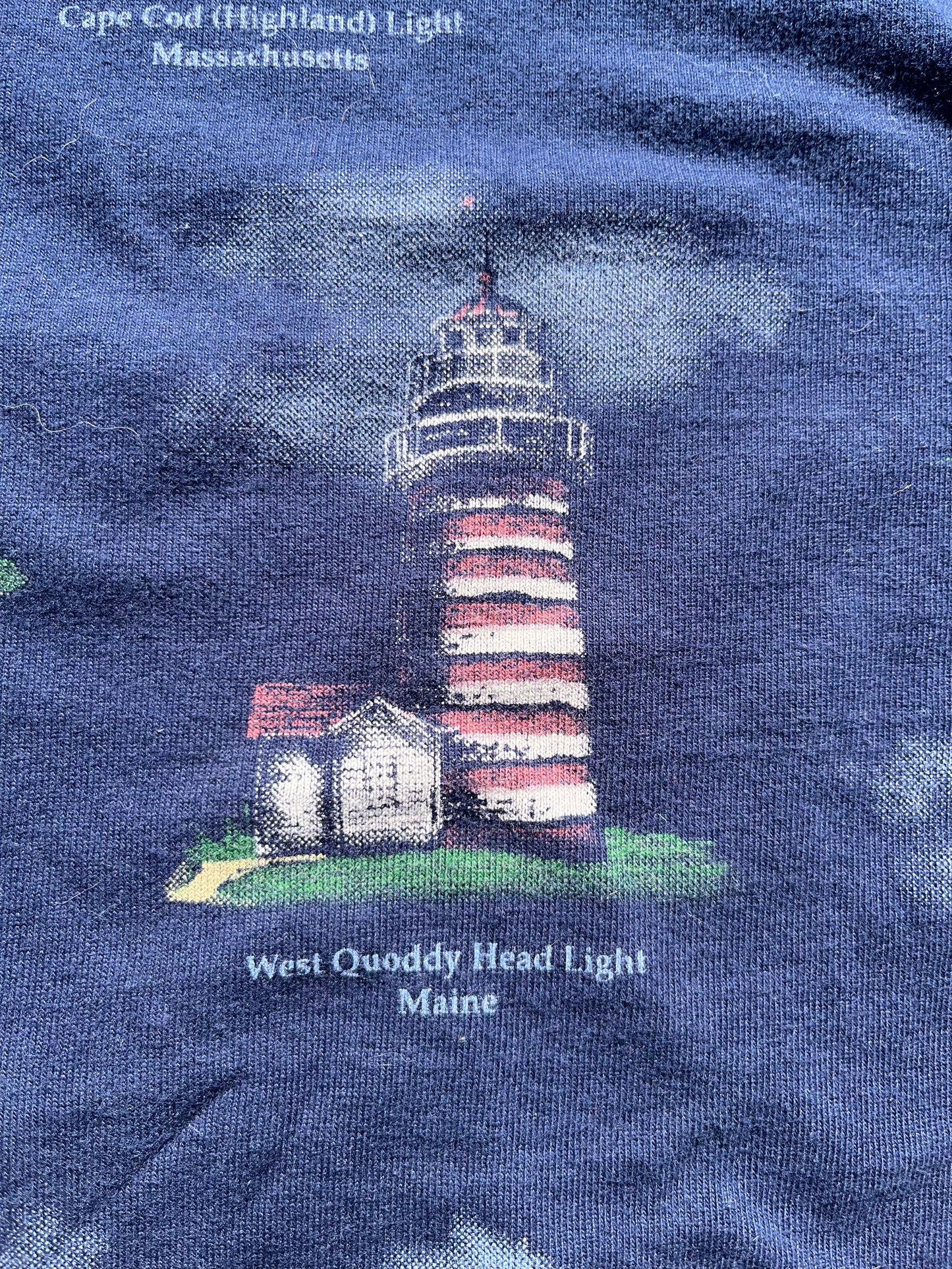 Vintage American Coastal Lighthouse 90's All Over Print AOP T Shirt Size 2XL Navy Blue