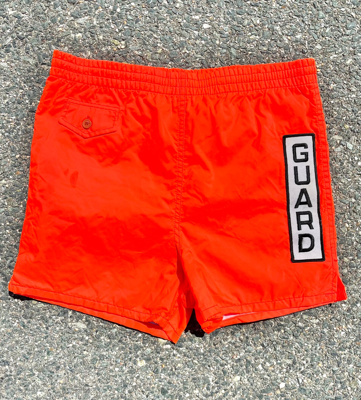 Vintage Life Guard Neon Orange Retro 70's 80's Bathing Suit Swim Shorts Size 32