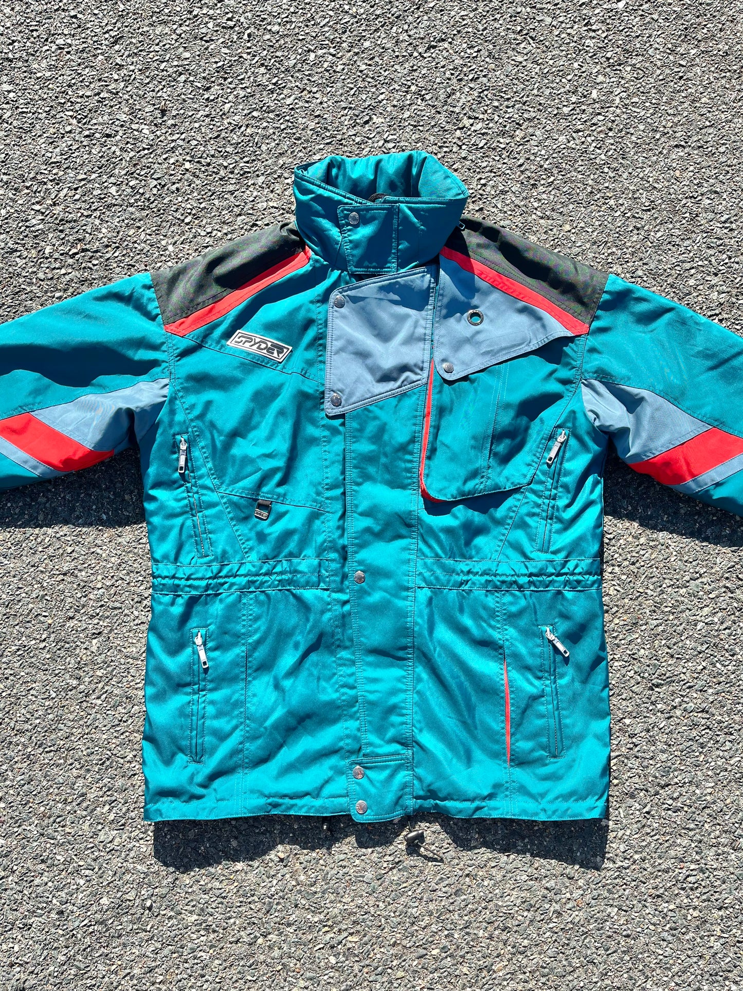 Vintage Spyder Mens Two Piece 90's Retro Ski Suit Jacket With Bib Pants Size L Large Teal Blue