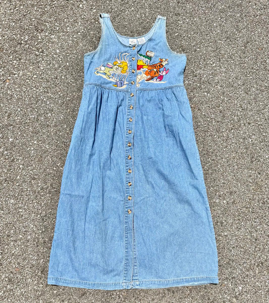 Vintage Disney Store Winnie Pooh Embroidered 90s Blue Denim Jumper Dress Medium