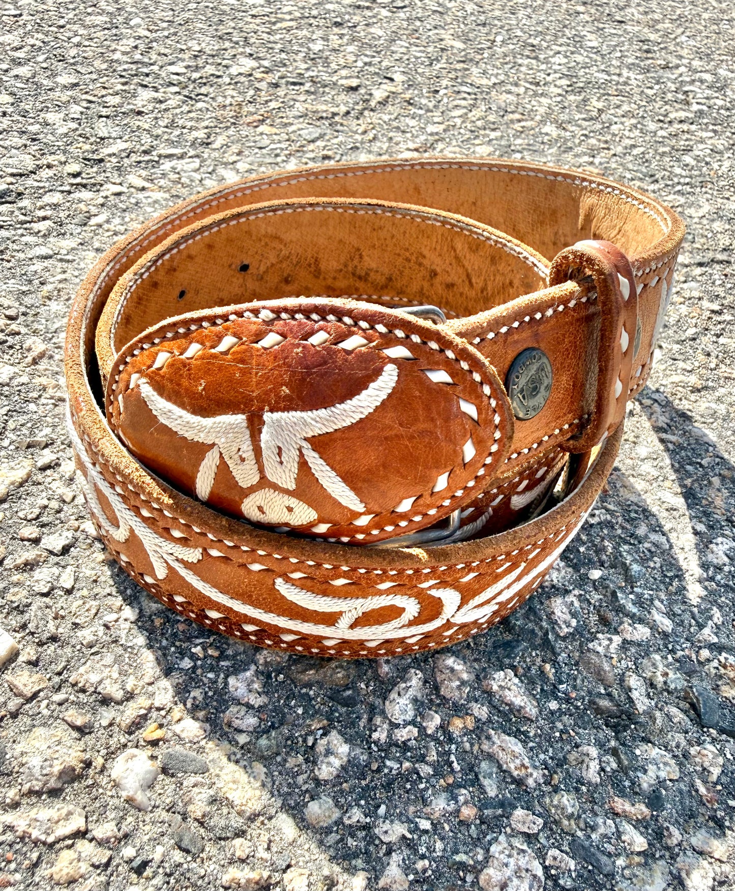 Vintage RL Embroidered Bull Cattle Leather Texas Country Western Belt Size 34