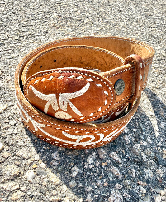 Vintage RL Embroidered Bull Cattle Leather Texas Country Western Belt Size 34