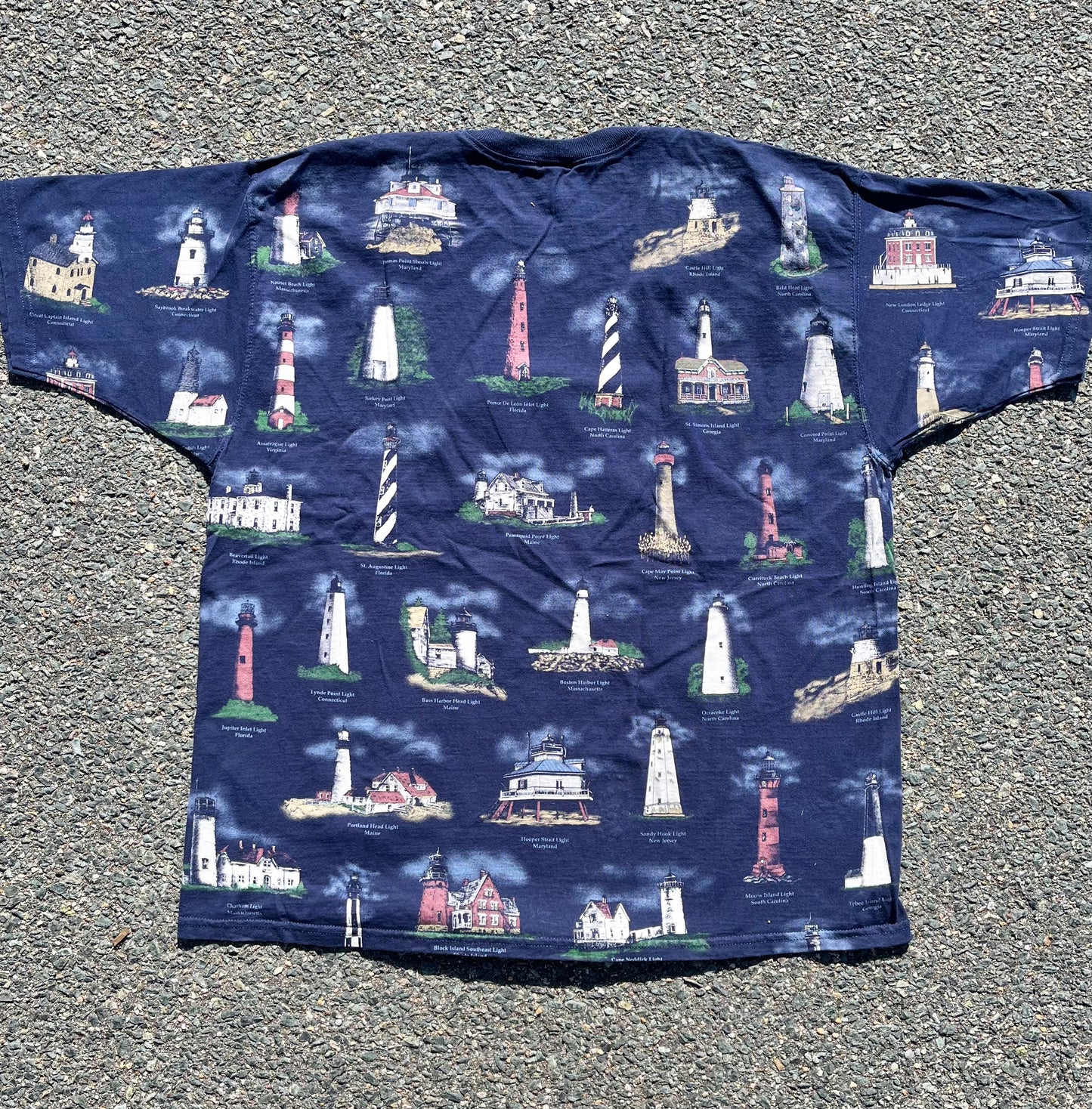 Vintage American Coastal Lighthouse 90's All Over Print AOP T Shirt Size 2XL Navy Blue