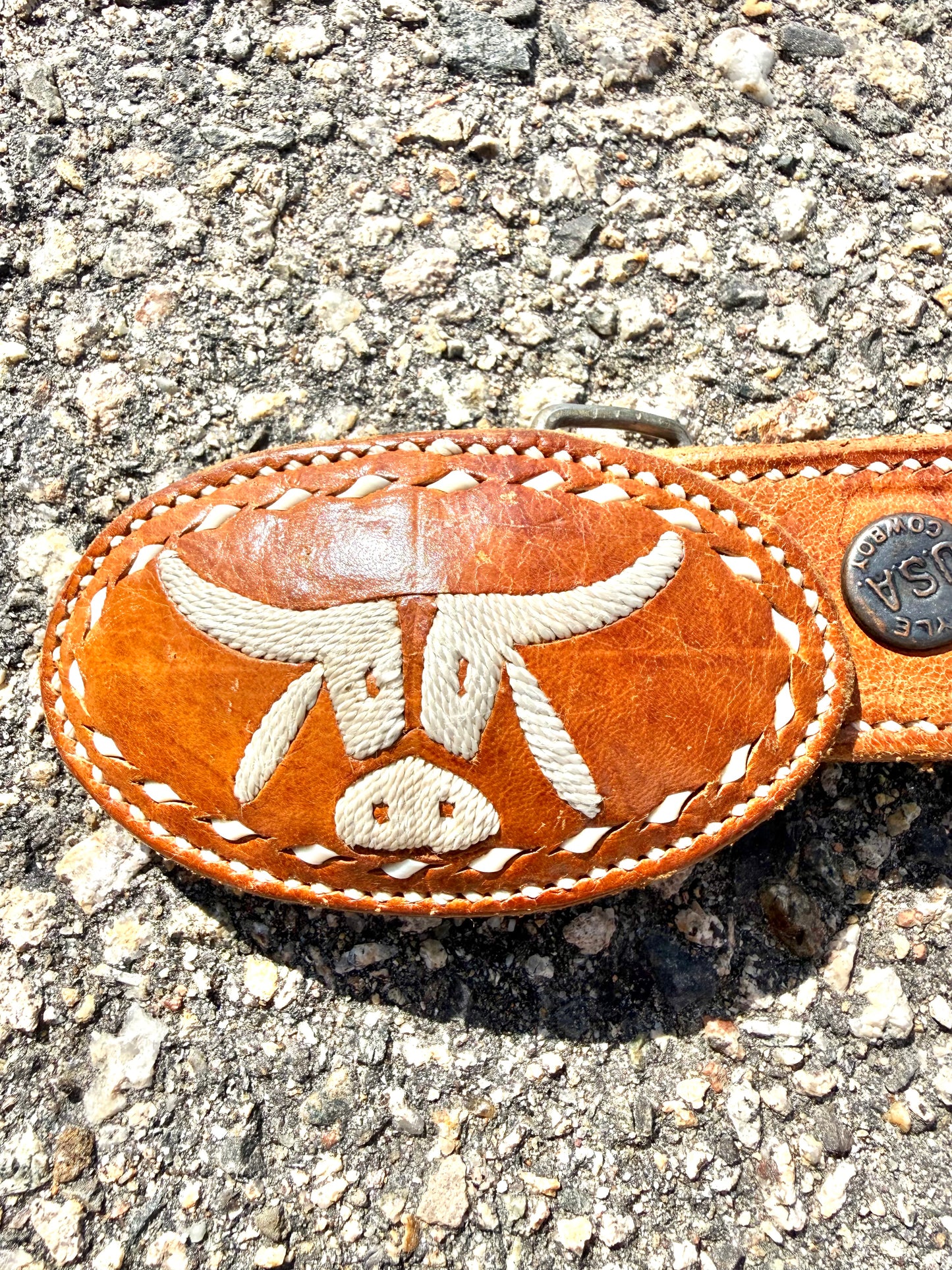 Vintage RL Embroidered Bull Cattle Leather Texas Country Western Belt Size 34