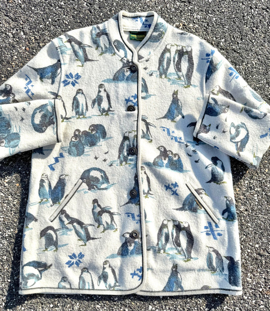 Vintage Geiger All Over Print Penguin Nordic Ski Wool Cardigan Sweater Size 40