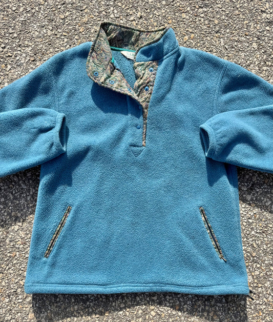 Vintage L.L. Bean Women's Crazy Floral Trim Snap T Fleece Pullover Size Large Blue