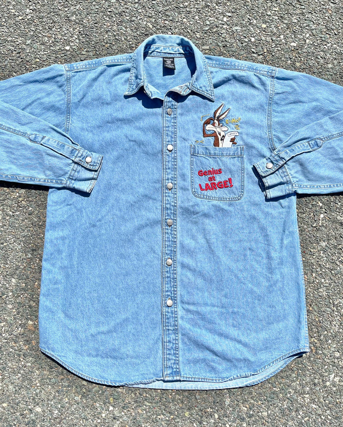 Vintage Looney Tunes Wile E. Coyote Cartoon 90's Blue Denim Button Up Shirt Size M Medium 1996