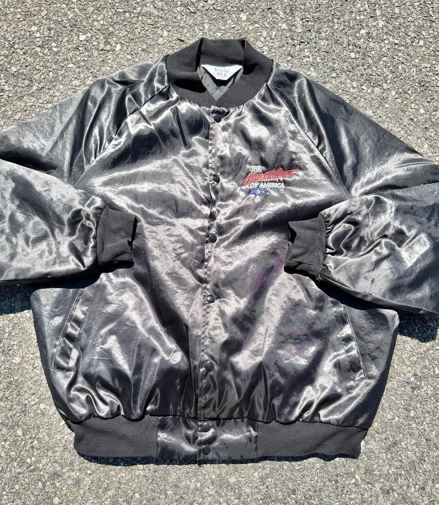Vintage Chevy Chevrolet 80's Retro Embroidered Black Satin Bomber Jacket 2XL