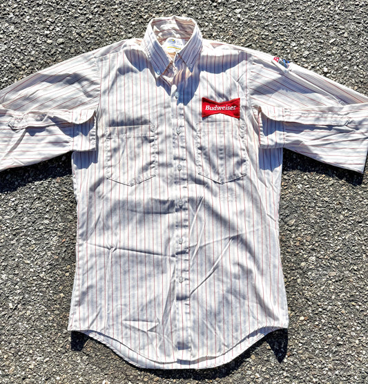 Vintage Budweiser Bud Ice Striped Long Sleeve Button Up Uniform Shirt Size M Medium 14 1/2