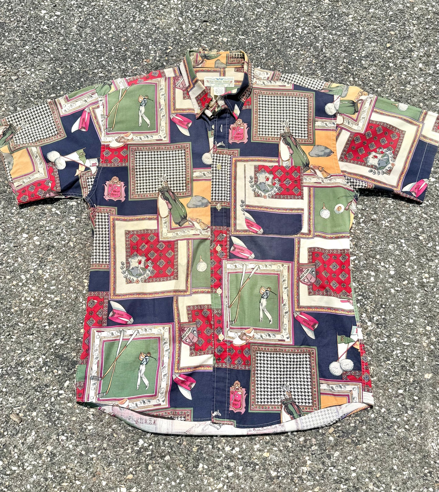Vintage Natural Issue All Over Print Golf Patchwork Short Sleeve Button Up Shirt Large