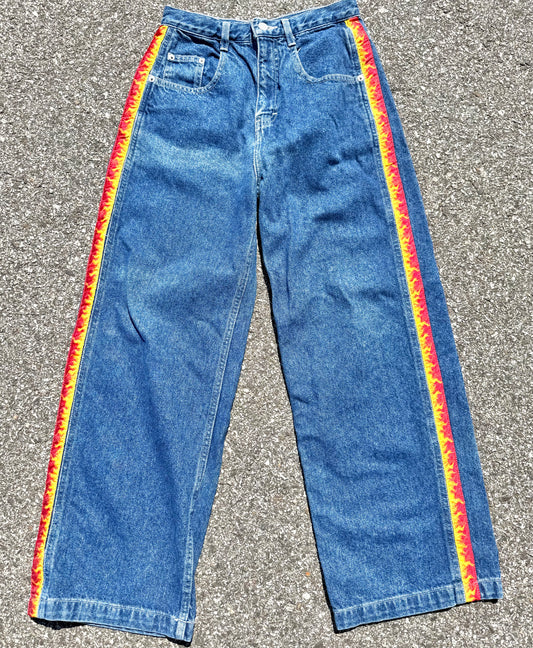 Vintage Jordache Rare Flames Retro 90's Wide Leg Blue Denim Jeans Size Small
