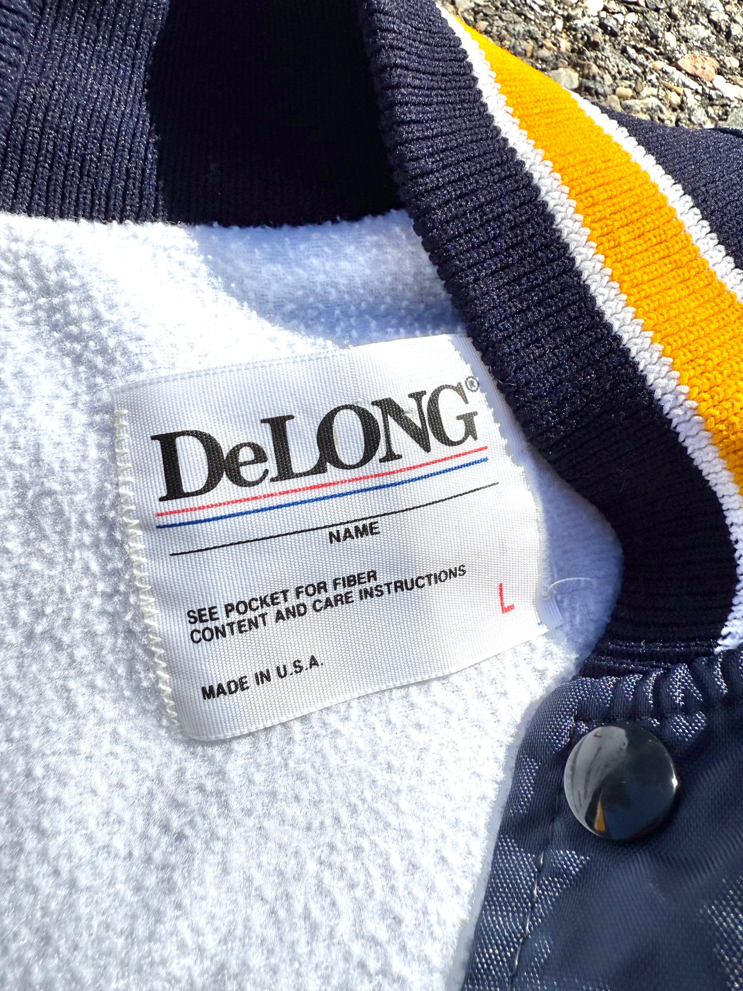 Vintage Cougars Retro DeLong Varsity Satin Bomber Jacket Size L Large Navy Blue