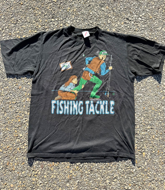 Vintage Fishing Tackle Wife Funny Retro 80's Single Stitch T Shirt Size L Black