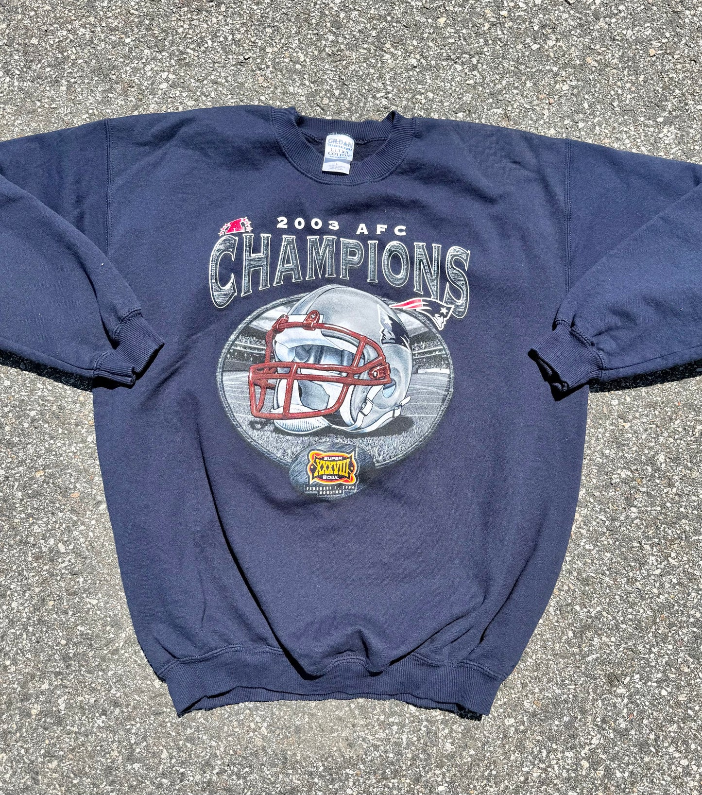 Vintage New England Patriots 2003 AFC Champions Super Bowl Crewneck Sweatshirt Size L Large Navy