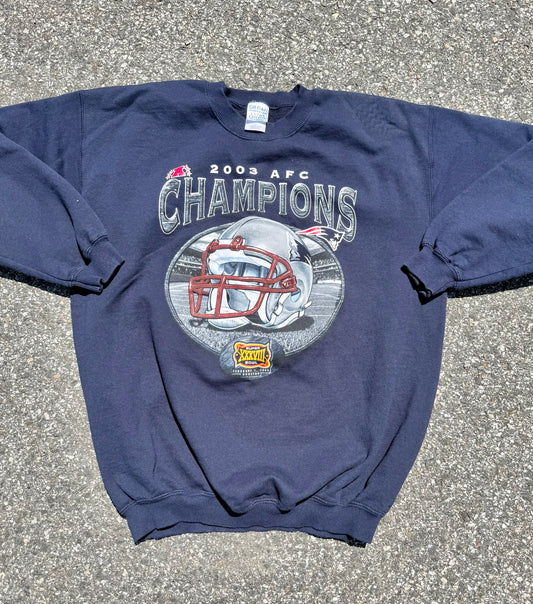Vintage New England Patriots 2003 AFC Champions Super Bowl Crewneck Sweatshirt Size L Large Navy