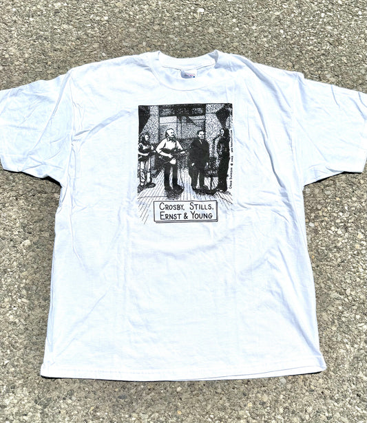 Vintage Crosby Stills Nash Ernst and Young Craig Swanson Cartoon Band T Shirt XL White 2002