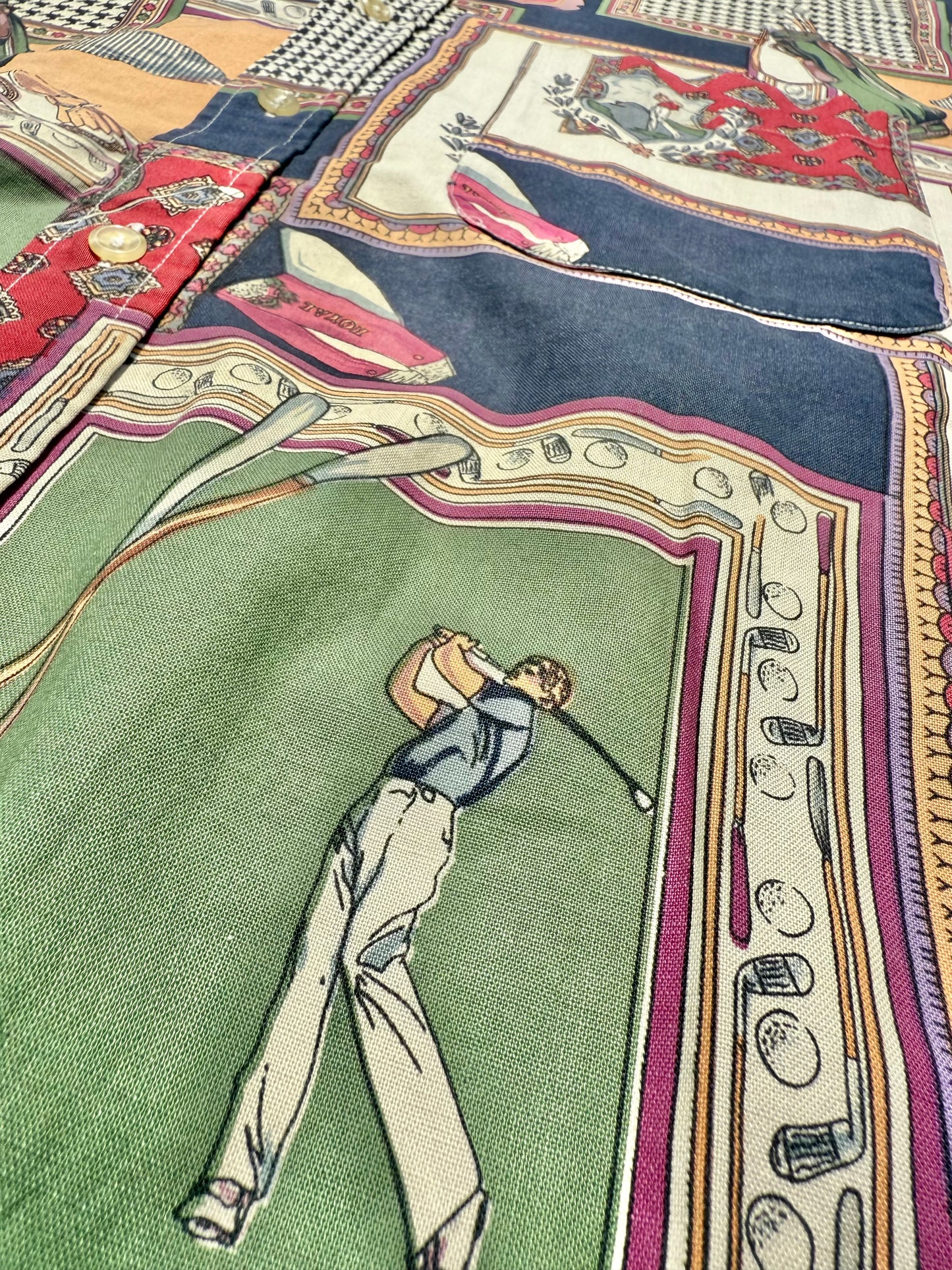 Vintage Natural Issue All Over Print Golf Patchwork Short Sleeve Button Up Shirt Large