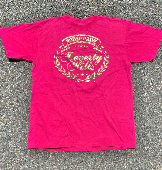 Vintage Rodeo Drive Beverly Hills California Hot Pink and Glittery Gold Single Stitch T-shirt Men's Size Large Made In The USA