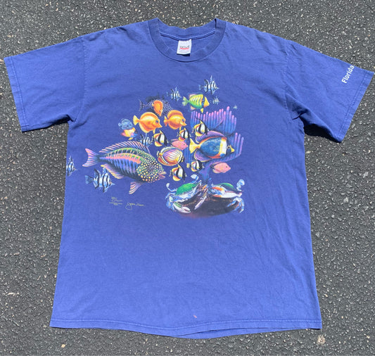 Vintage Key West Florida 90's Ocean Fish Wrap Around Print T Shirt Men's Size XL 1999